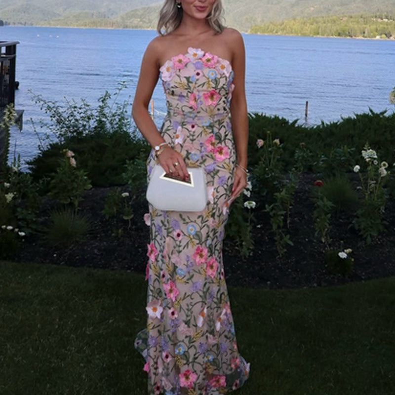 Women's 3D Floral Embroidered Strapless Maxi Dress