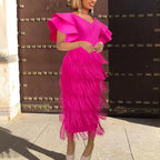 Ruffle-Sleeve Fringe Split Midi Dress