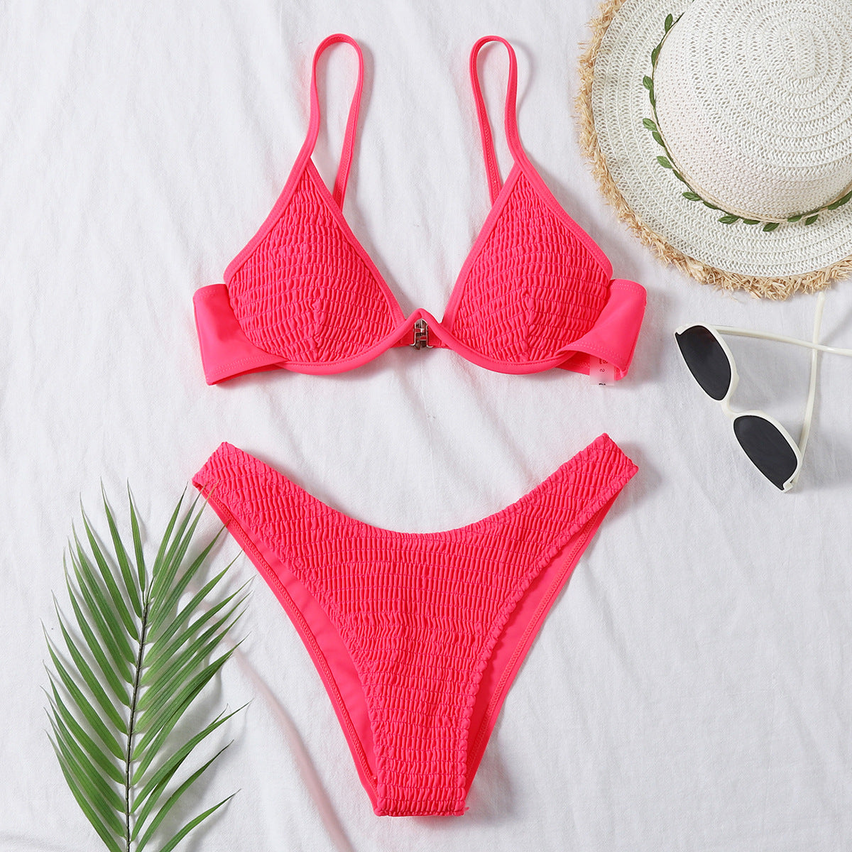 Coral red pleated bikini one-piece swimsuit set with matching top and high-cut bottom