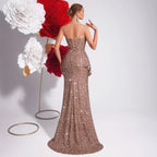 Women's Champagne Sequin Strappy Fishtail Evening Dress