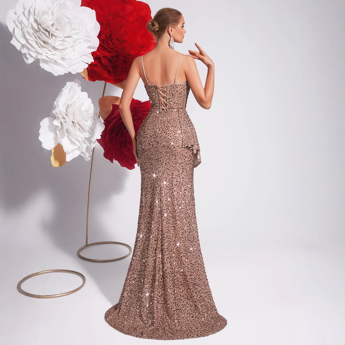 Women's Champagne Sequin Strappy Fishtail Evening Dress