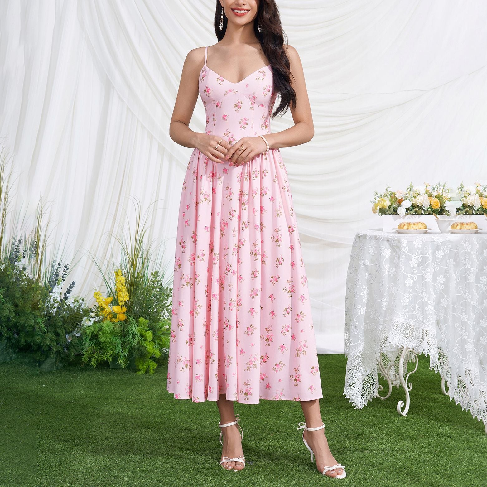 Women's Printed Pleated Backless Midi Dress