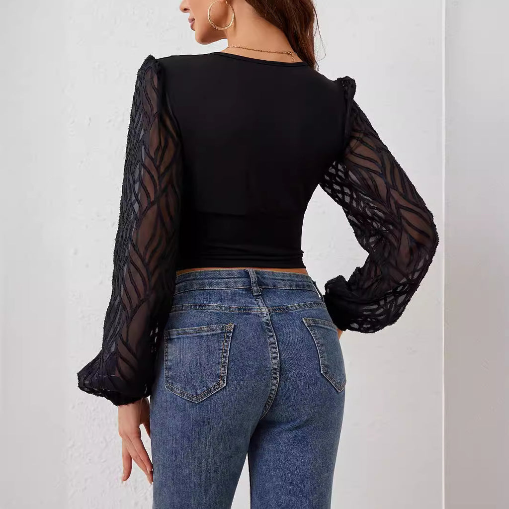Chiffon Ruffle V-Neck Ruched Waist Top