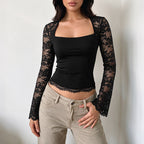Women's Sexy Wind Black Lace Square Collar Long Sleeve Short Top Women