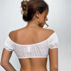 Women's Embroidered Deep V Lace-Up Crop Top