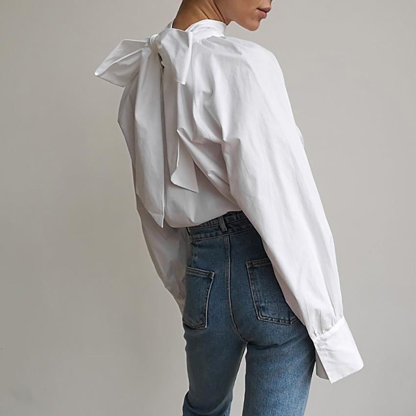 Women's Fall Bowknot Shirt Women French Turtleneck Stand Collar Niche Women White Shirt Top