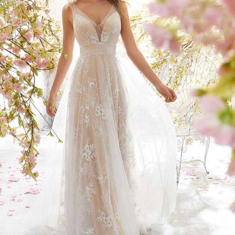 Floral Lace V-Neck Backless A-Line Maxi Dress