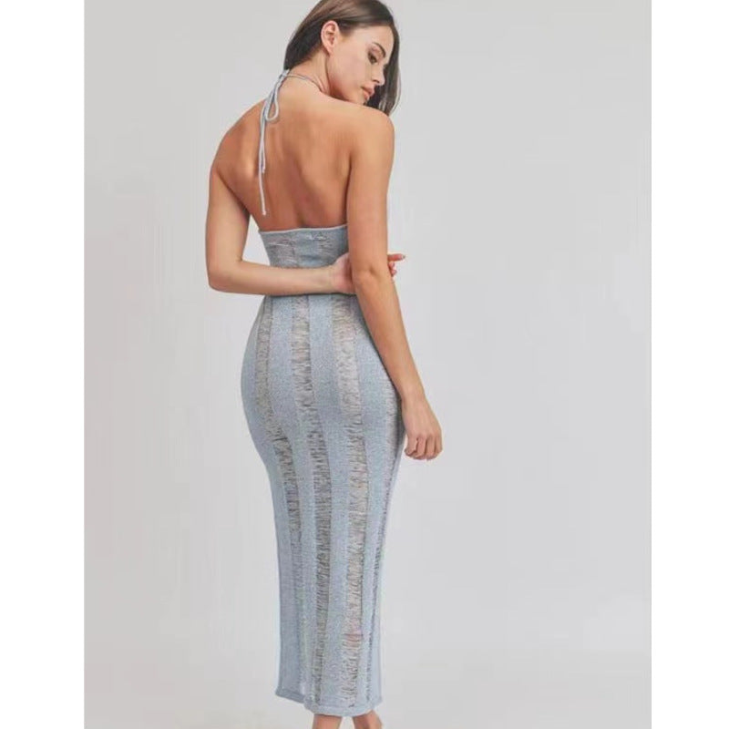 Sleeveless See Through Halter Cut Out Maxi Knitted Sling Dress
