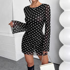Polka Dot Backless Long-Sleeve Dress