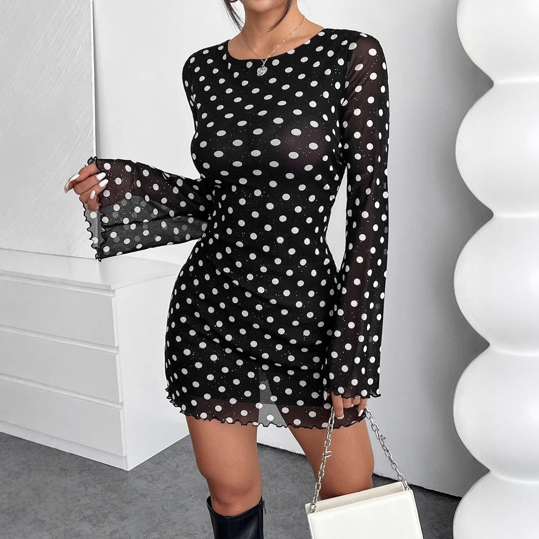 Polka Dot Backless Long-Sleeve Dress
