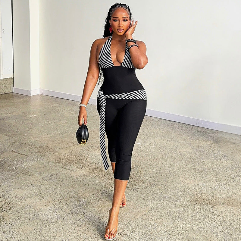 Stitching Sports Yoga Sheath V Neck Halter Jumpsuit