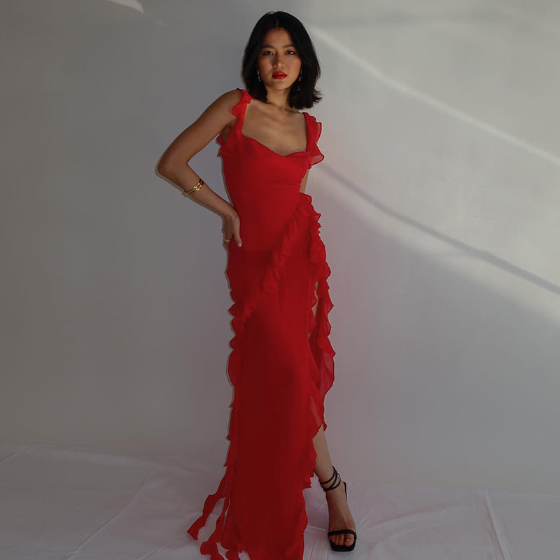 Spring Slim Fit High Slit Ribbon Cami Dress For