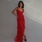 Spring Slim Fit High Slit Ribbon Cami Dress For