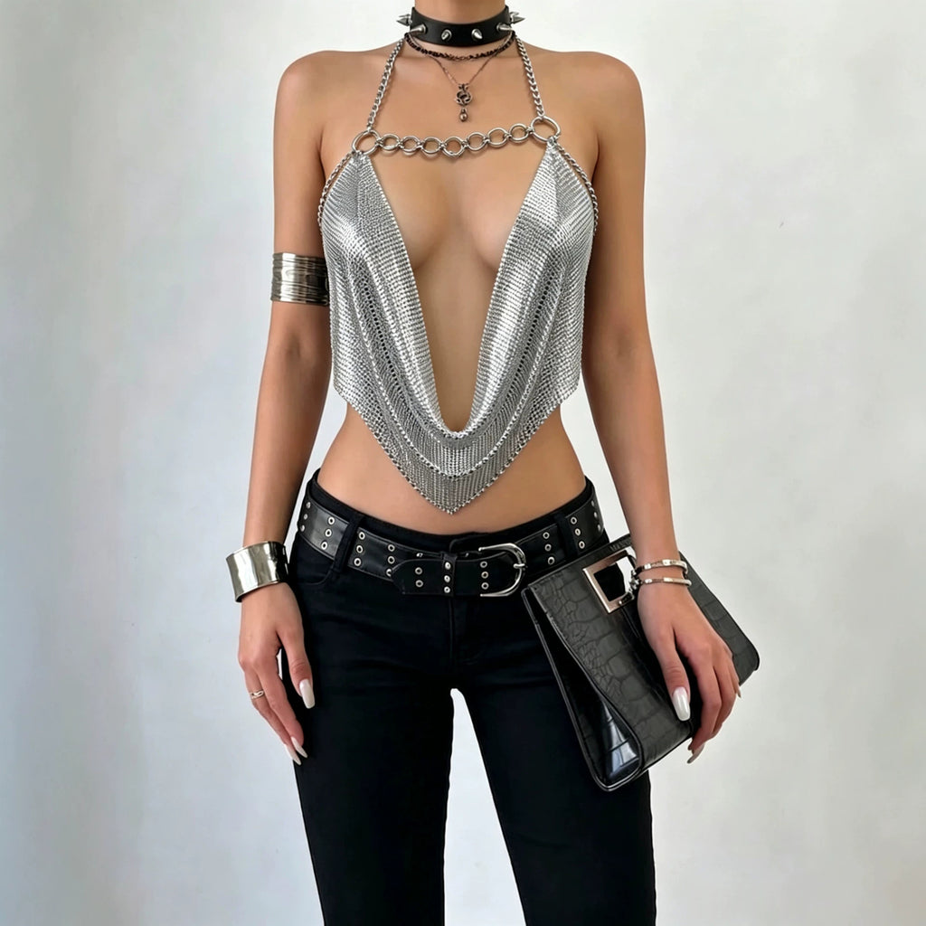 Women's Metal Chain Sequin Halter Crop Top