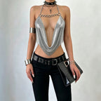 Women's Metal Chain Sequin Halter Crop Top