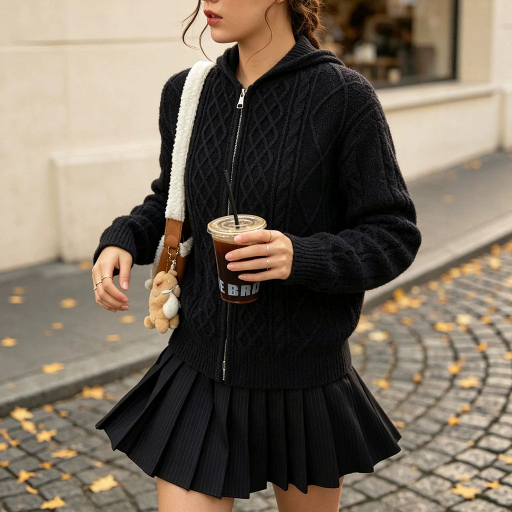 Women's Hooded Diamond-Knit Zip Cardigan