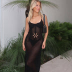 Black openwork crochet beach dress with spaghetti straps and floral cutout
