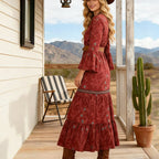 Vintage Floral On Red Background V Neck Flare Sleeve Bohemian Waist