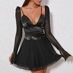 Women's V-Neck Mesh Split Long-Sleeve Mini Dress