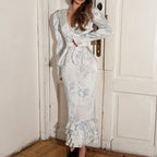 Design Split Skirt Printing Women V Long Sleeve Waist Controlled Top Hip Skirt Two Piece Set