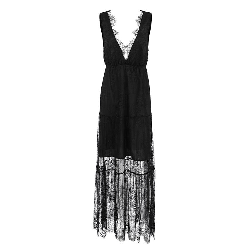 Black Brocade Lace Backless Dress