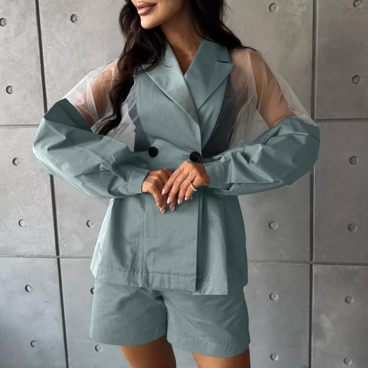 Mesh Collared Cardigan & Shorts Set