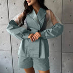 Mesh Collared Cardigan & Shorts Set