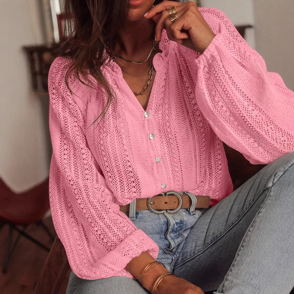 Women's Out Cutout Lace V Neck Single Breasted Long Sleeve Shirt