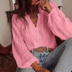 Women's Out Cutout Lace V Neck Single Breasted Long Sleeve Shirt