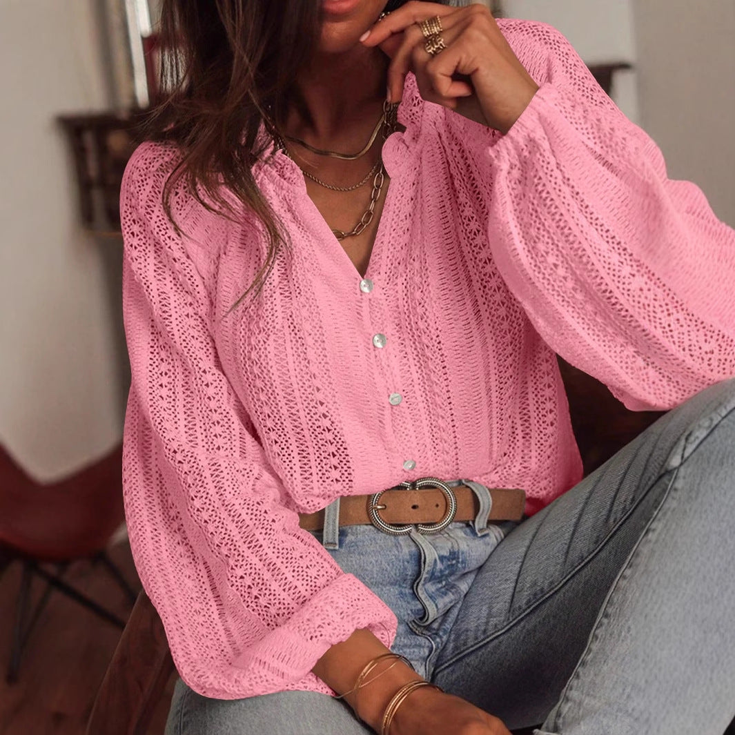 Women's Out Cutout Lace V Neck Single Breasted Long Sleeve Shirt