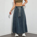 High-Waist Drawstring Denim Skirt