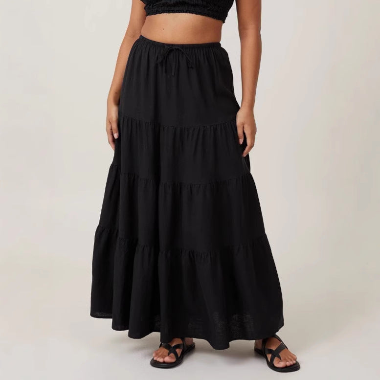 Cotton High Waist Elastic Lace Up Large Swing Loose Skirt