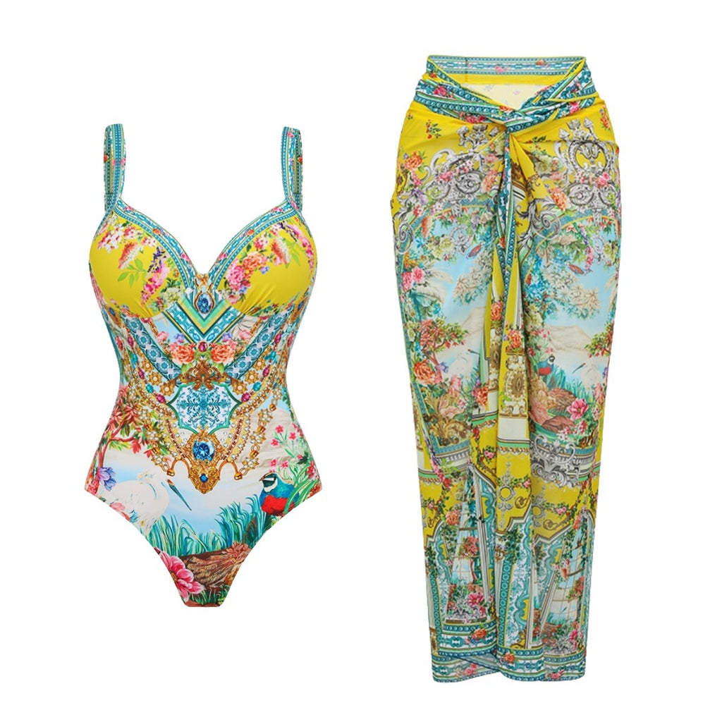 Printed one-piece swimsuit with V-neck and matching long skirt, bow-tie waist