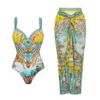 Printed one-piece swimsuit with V-neck and matching long skirt, bow-tie waist