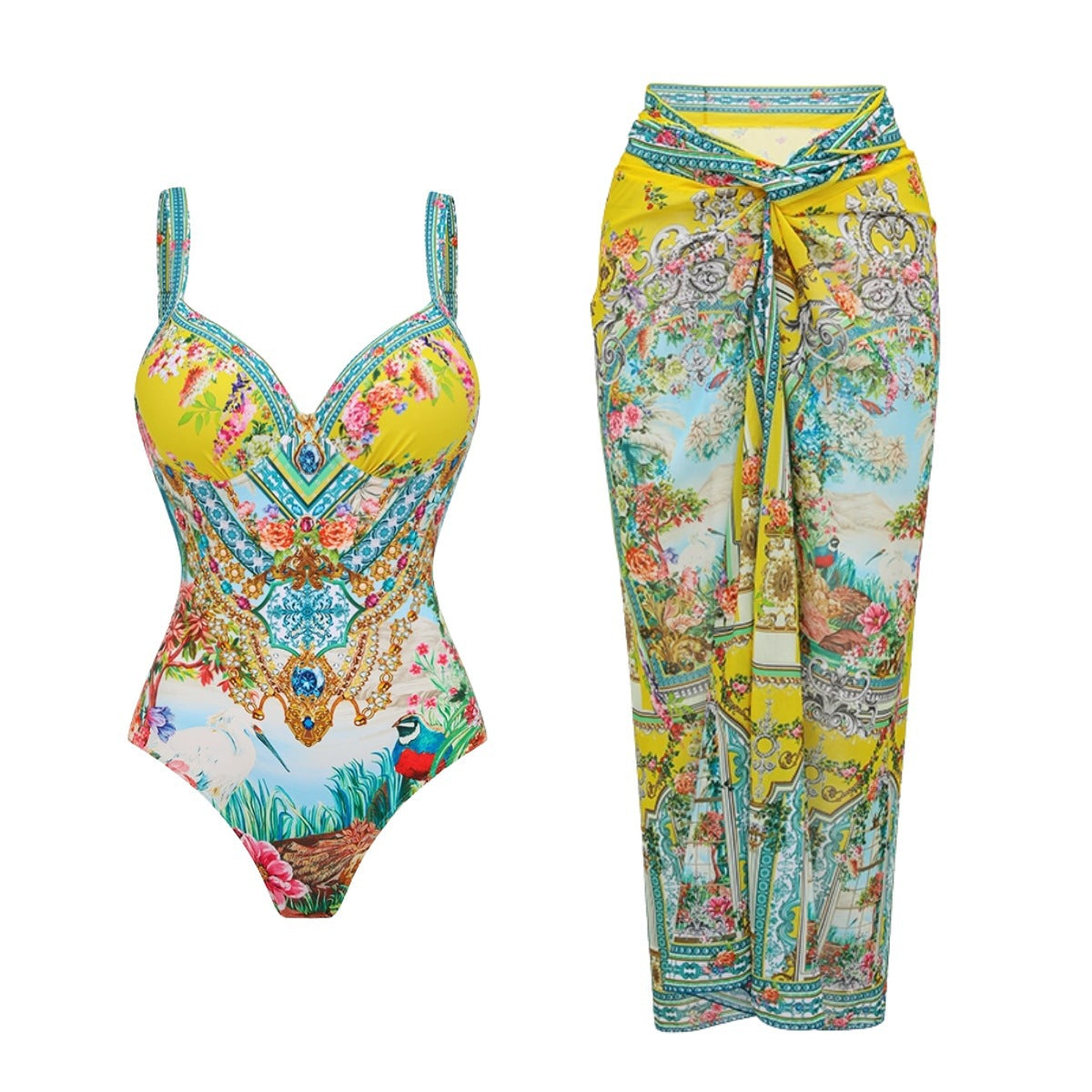 Printed one-piece swimsuit with V-neck and matching long skirt, bow-tie waist
