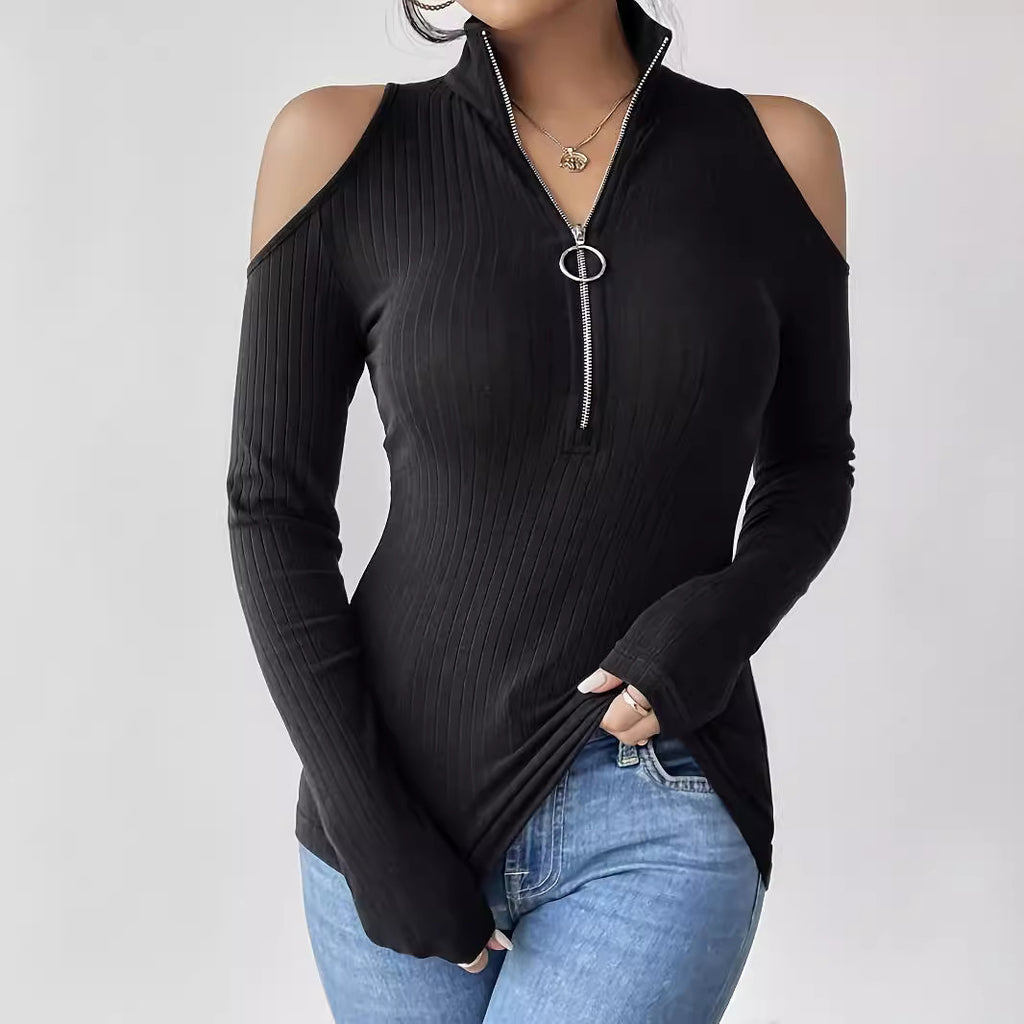 Women's Ribbed Off-Shoulder Zipper Long Sleeve Top