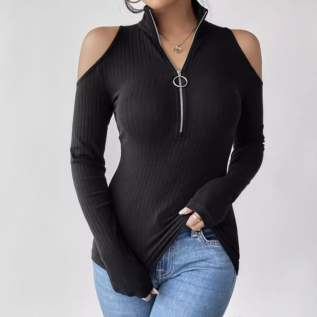 Women's Ribbed Off-Shoulder Zipper Long Sleeve Top