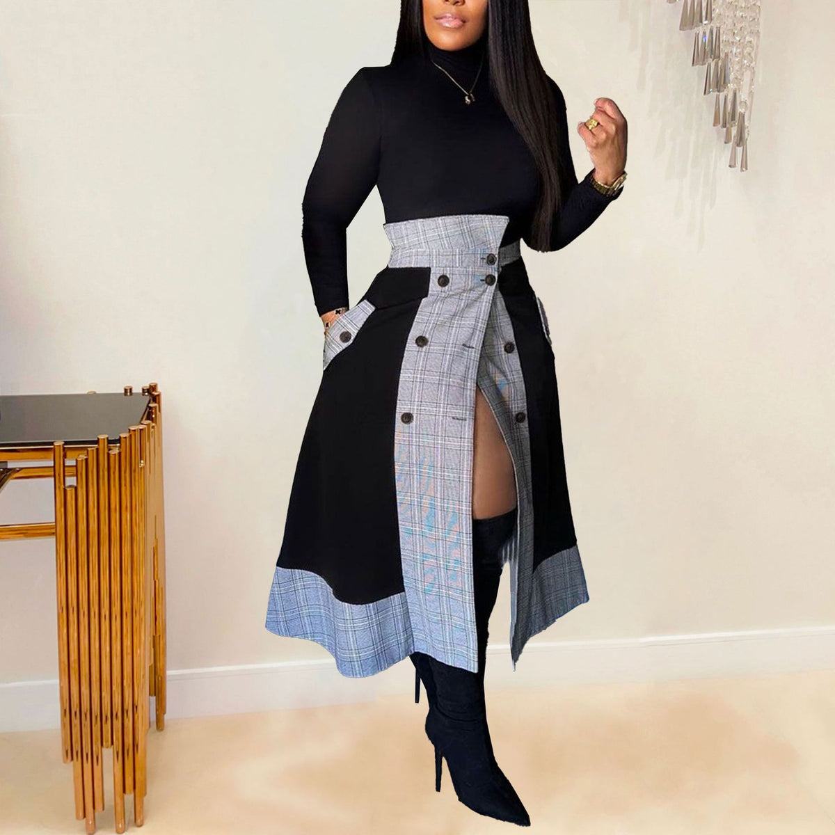 Women's Plaid Long-Sleeve Midi Two-Piece Dress Set