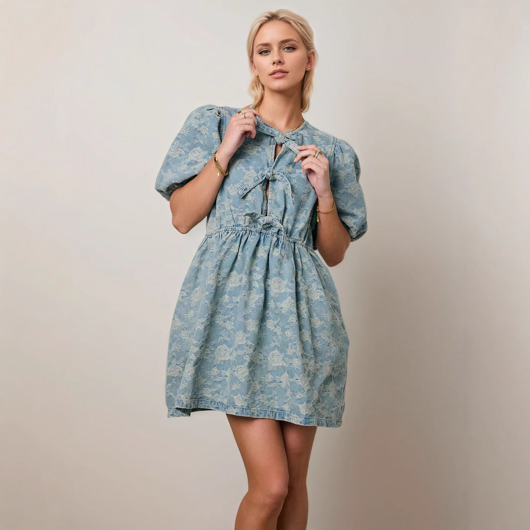 Women's Blue Floral Denim Dress with Puff Sleeves