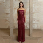 Women's Evening Dress Bandeau Slim Fit Maxi Dress Sequined Split Backless Dress