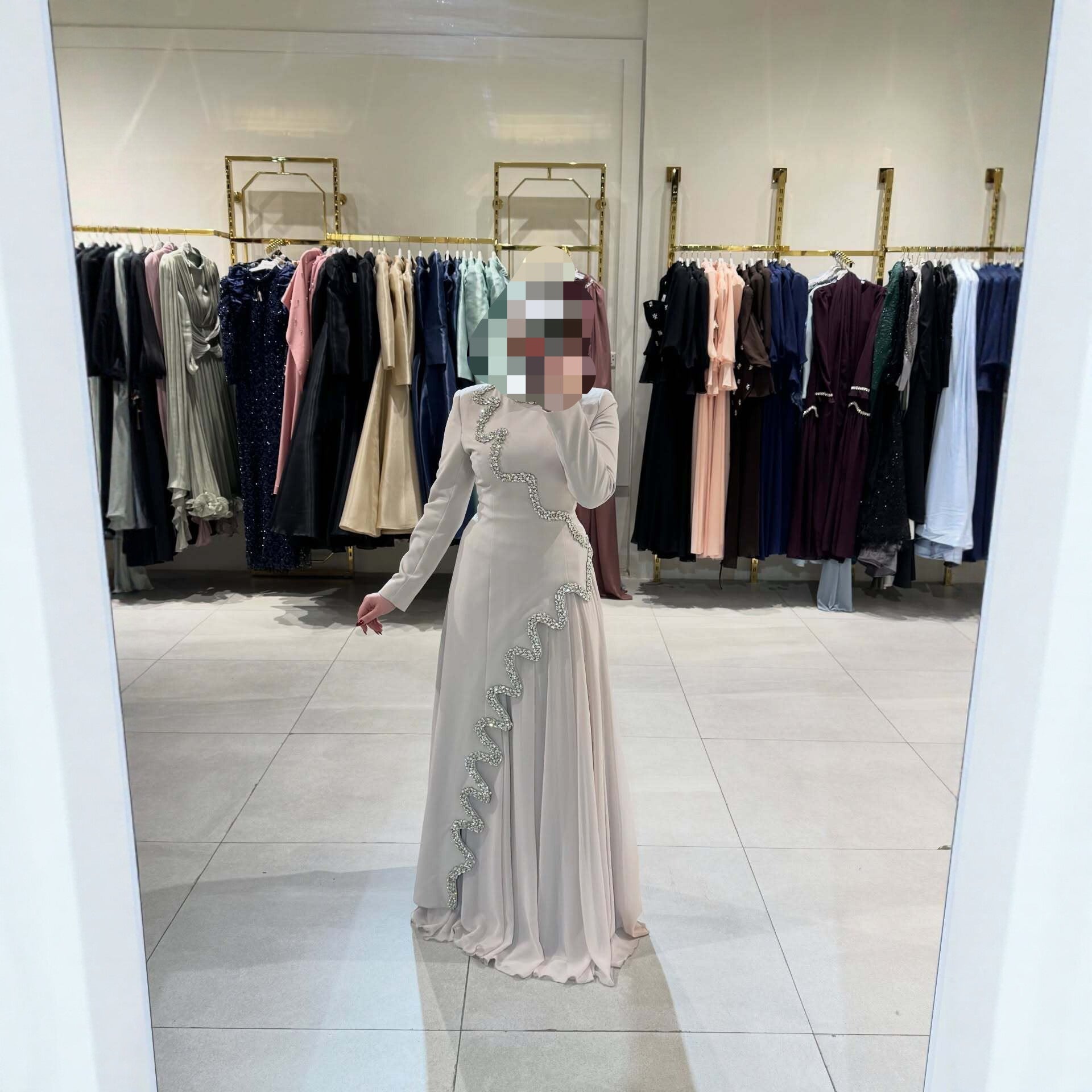 Women's Beaded Ribbon Stand-Collar Maxi Dress