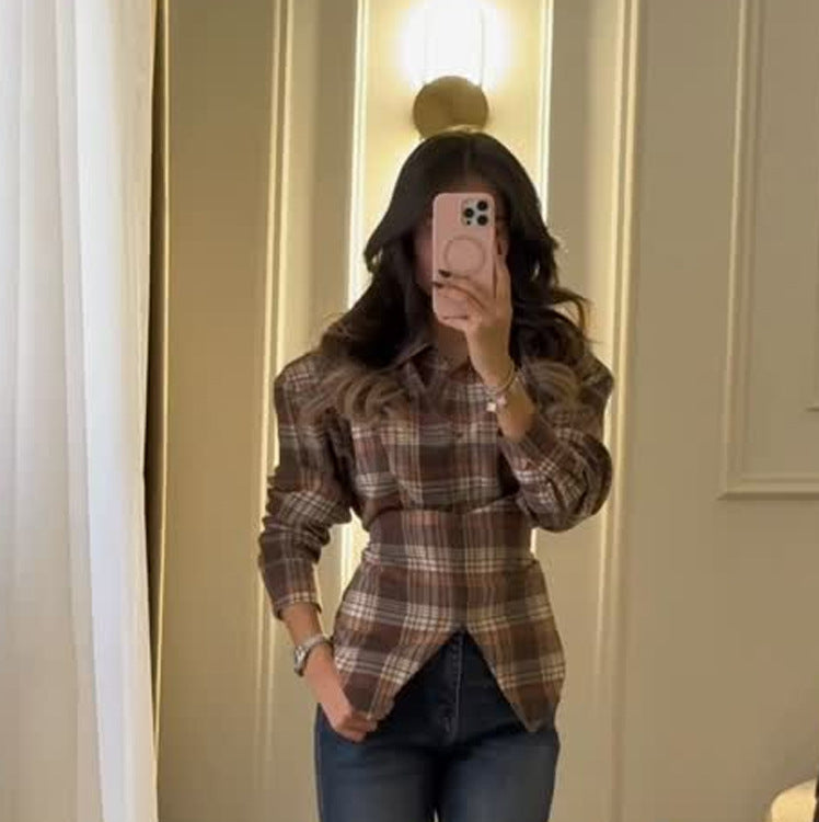 Plaid Waist Tight Design Shirt Casual All Matching Turn down