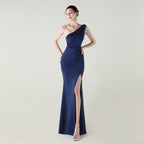 Women's One-Shoulder Slim Fit Satin Folding High Slit Evening Dress