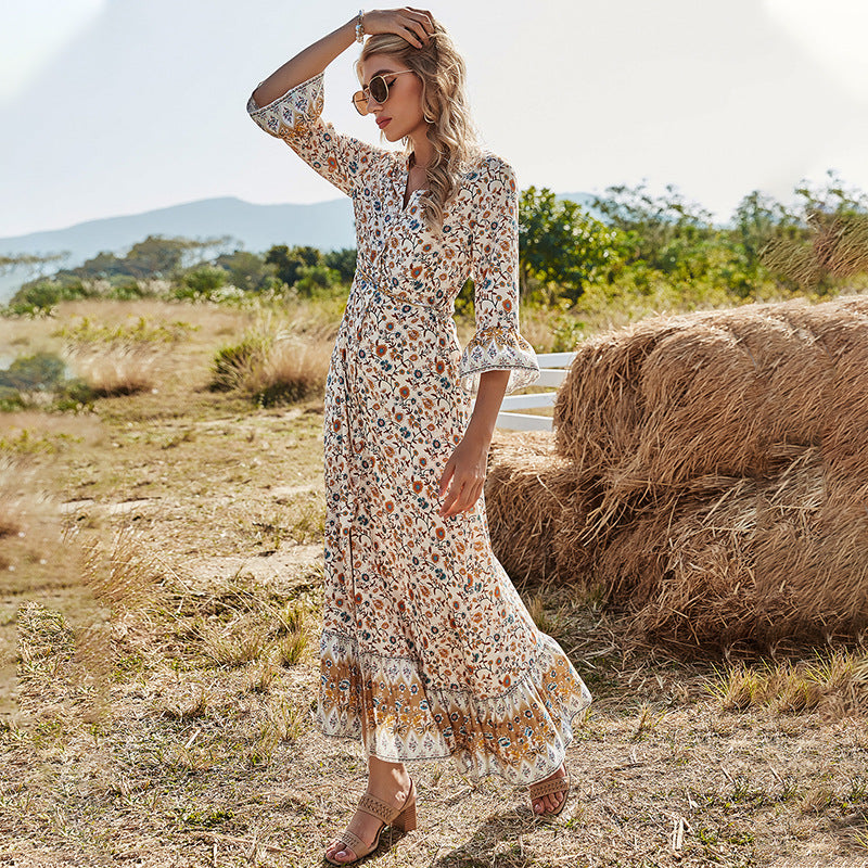 Women's V Neck High Waist Casual Slit Bohemian Dress For Womenspring A Line