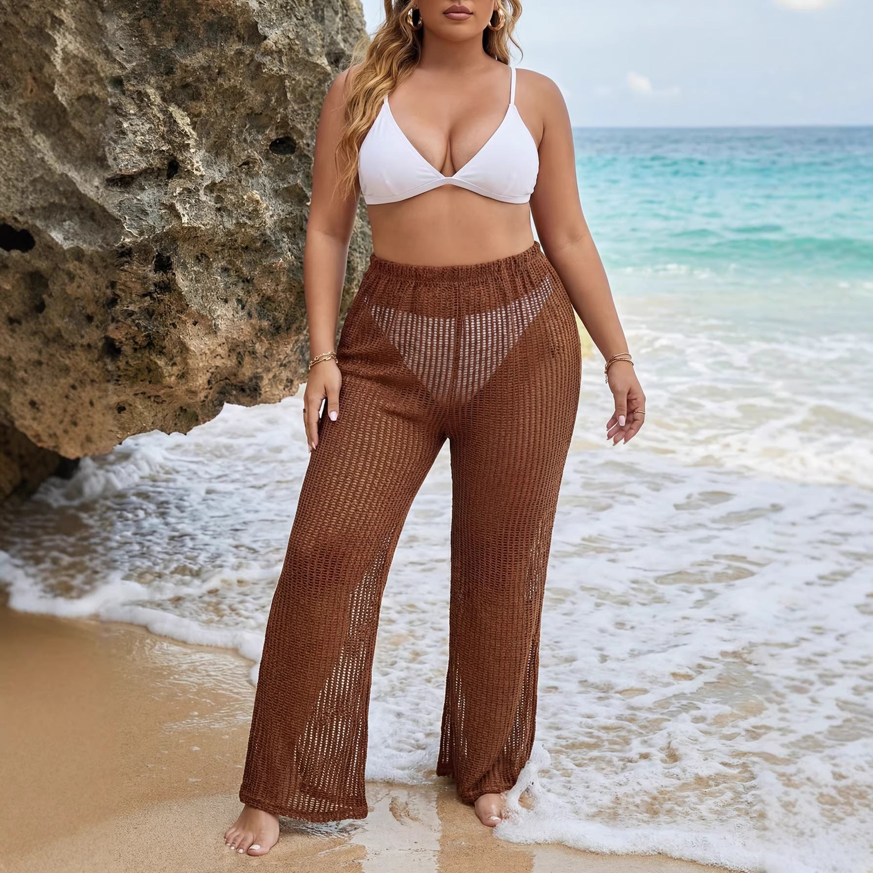 Plus Size Women Beach Trousers Women Clothes Hollow Out Cutout Knitted Straight Pants Sexy See through Vacation Casual Pants
