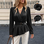 Elegant Lightly Mature with Belt Black V neck Stomach