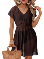 Dark brown V-neck short-sleeve dress with gathered waist and flowing skirt