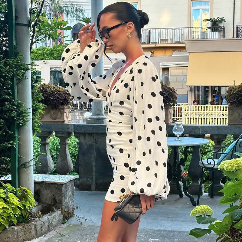 Women's Polka Dot Deep V Long Sleeve Bodycon Mini Dress
