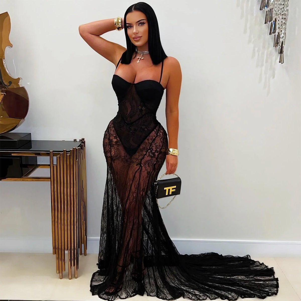 Wear Strappy Lace See through Formal Dress