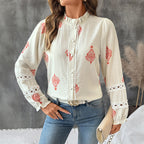 Women’s Apricot Embroidered Ruffle Button Blouse